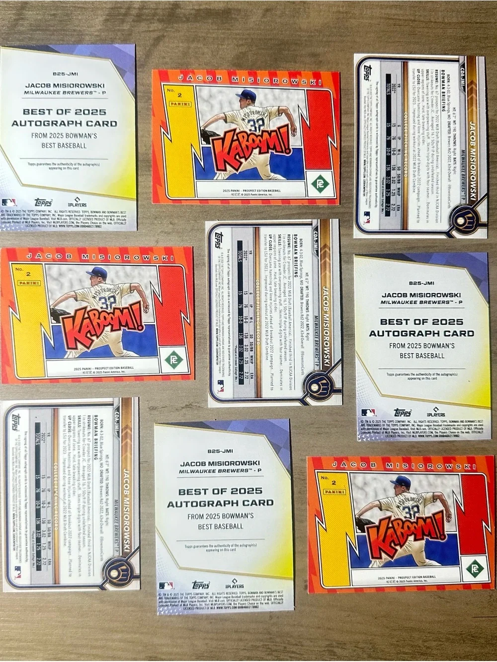 Jacob Misiorowski Signed Rookie Lot of (9) Panini Topps Kaboom Novelty Cards.
